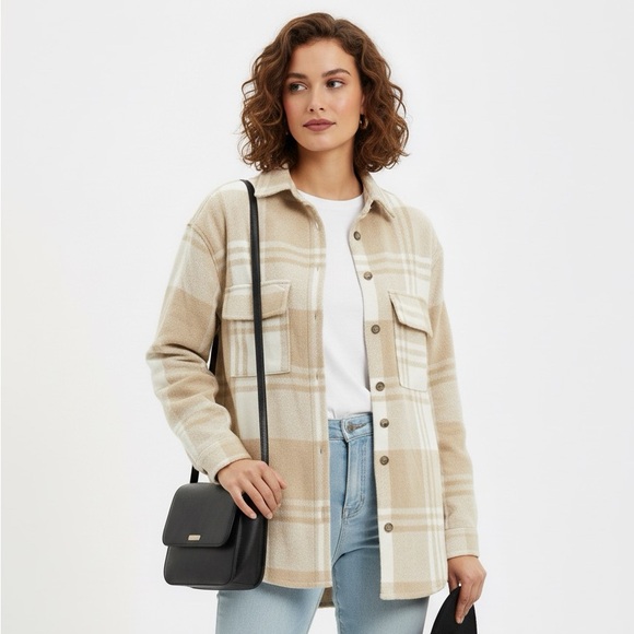 Ardene Jackets & Blazers - 🆕 Ardene | Tan and White Plaid Checkered Flannel Shacket Jacket Chest Pockets